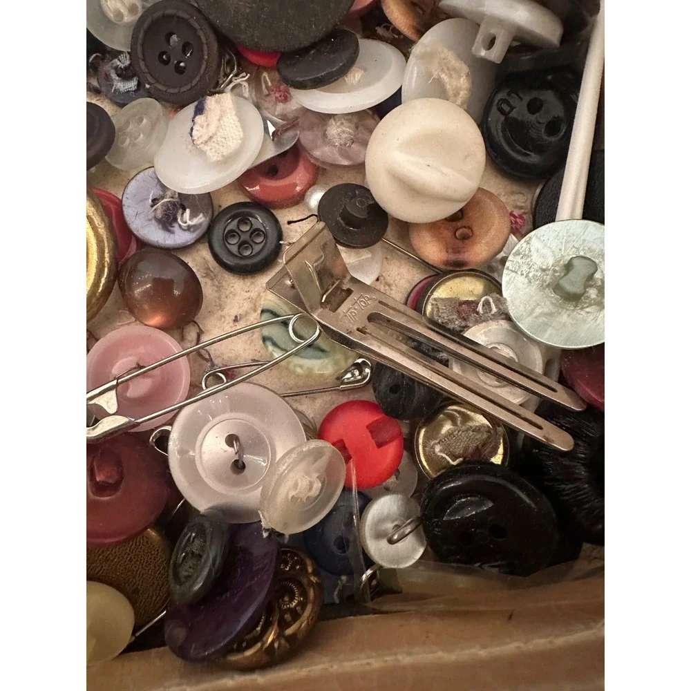 Vintage Sewing Notions Lot Buttons Needles Thimbles Mixed Multi Ornate Crest MCM